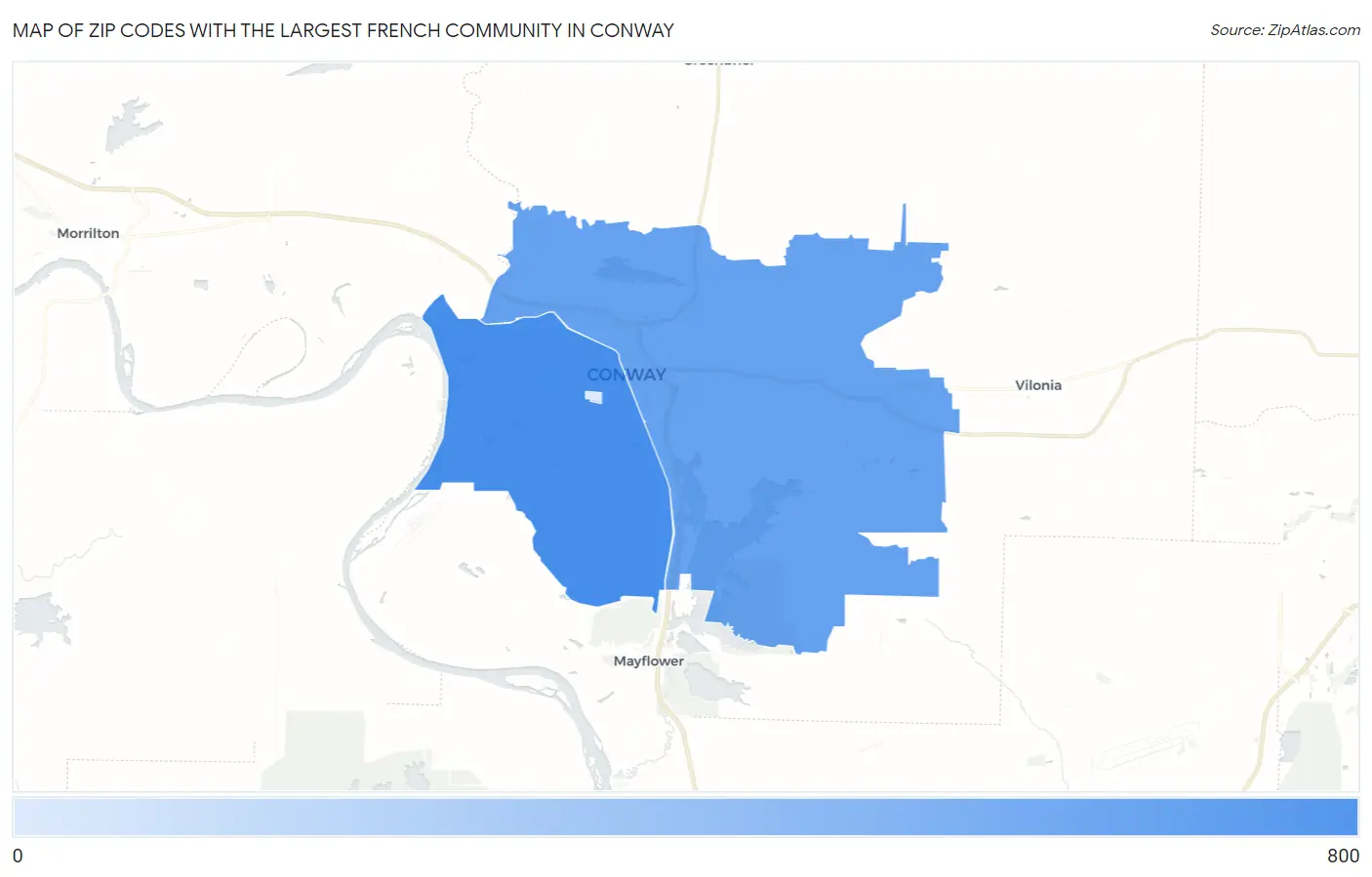 Zip Codes with the Largest French Community in Conway Map