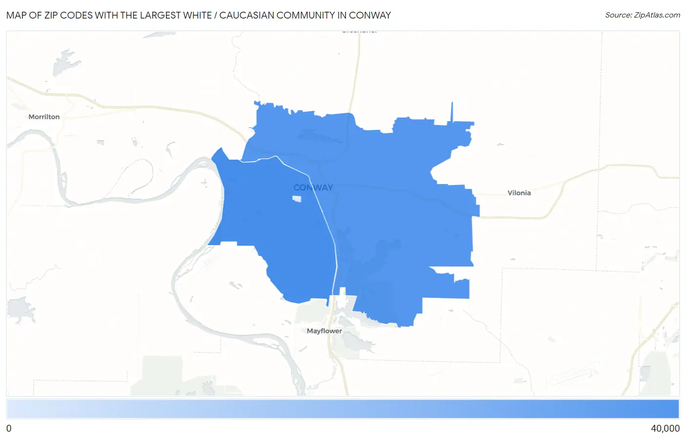 Zip Codes with the Largest White / Caucasian Community in Conway Map