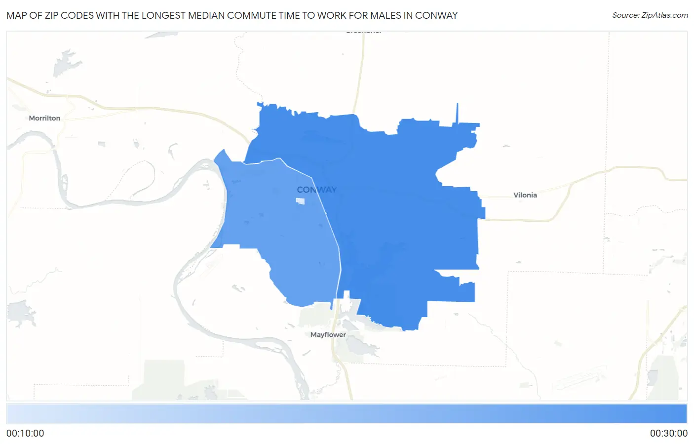 Zip Codes with the Longest Median Commute Time to Work for Males in Conway Map