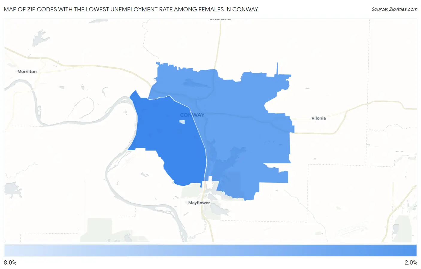 Zip Codes with the Lowest Unemployment Rate Among Females in Conway Map