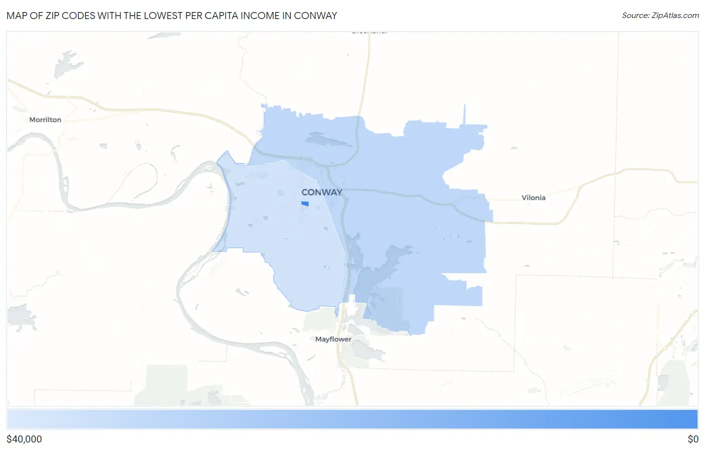 Zip Codes with the Lowest Per Capita Income in Conway Map