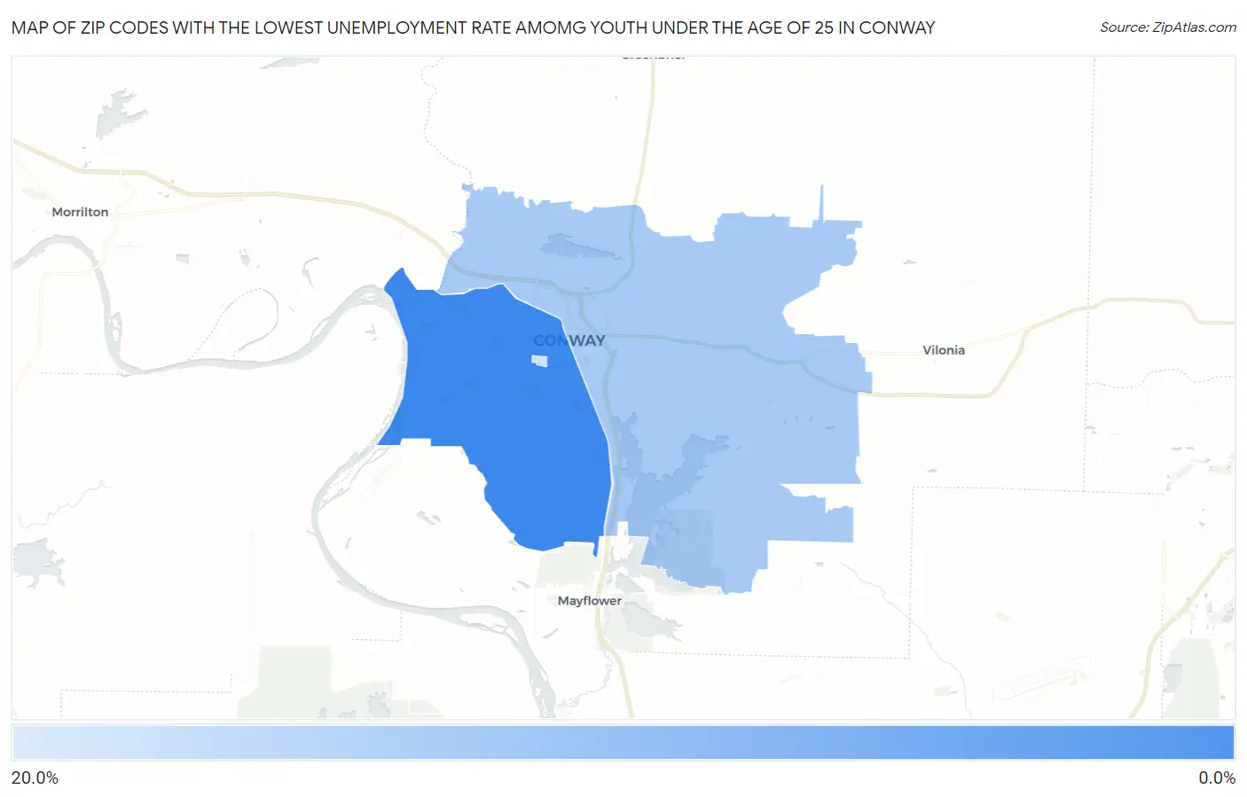 Zip Codes with the Lowest Unemployment Rate Amomg Youth Under the Age of 25 in Conway Map
