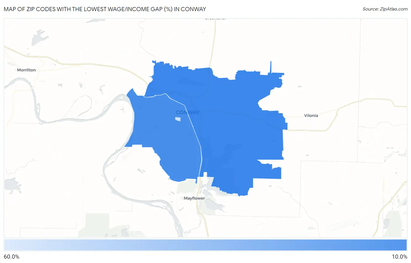 Zip Codes with the Lowest Wage/Income Gap (%) in Conway Map