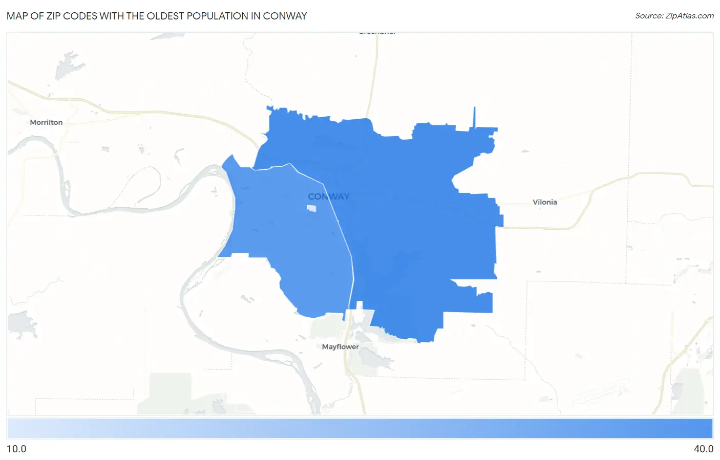Zip Codes with the Oldest Population in Conway Map