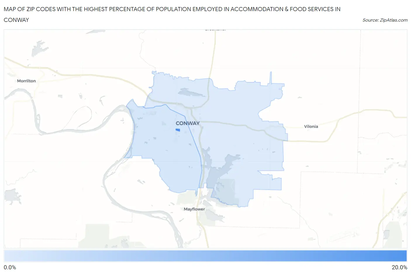 Zip Codes with the Highest Percentage of Population Employed in Accommodation & Food Services in Conway Map