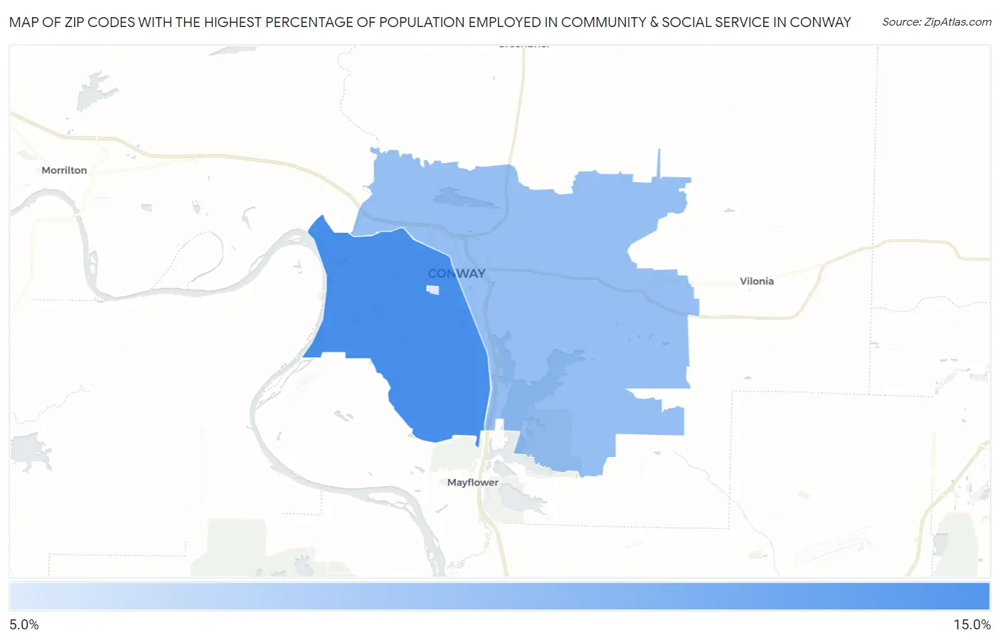 Zip Codes with the Highest Percentage of Population Employed in Community & Social Service  in Conway Map