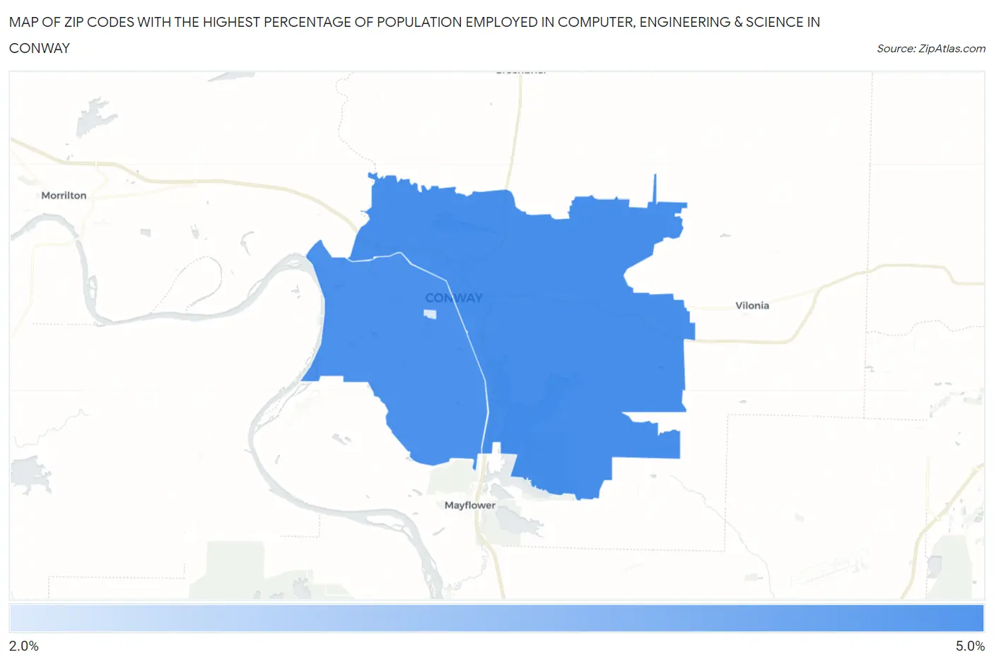 Zip Codes with the Highest Percentage of Population Employed in Computer, Engineering & Science in Conway Map