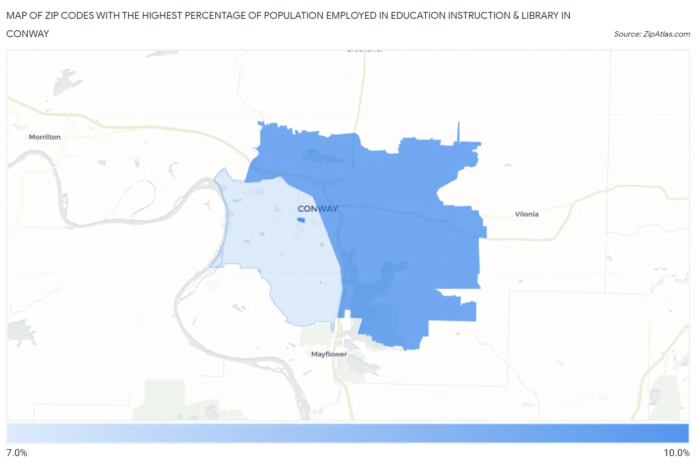Zip Codes with the Highest Percentage of Population Employed in Education Instruction & Library in Conway Map
