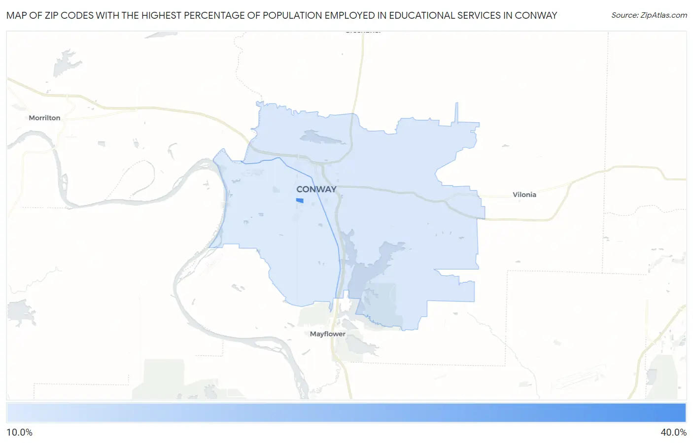 Zip Codes with the Highest Percentage of Population Employed in Educational Services in Conway Map