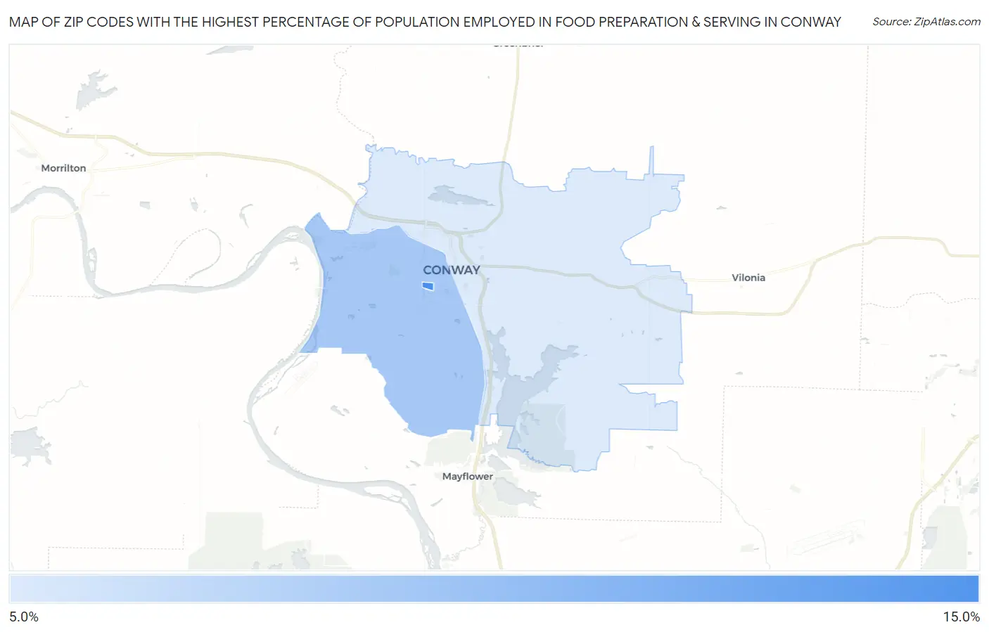 Zip Codes with the Highest Percentage of Population Employed in Food Preparation & Serving in Conway Map