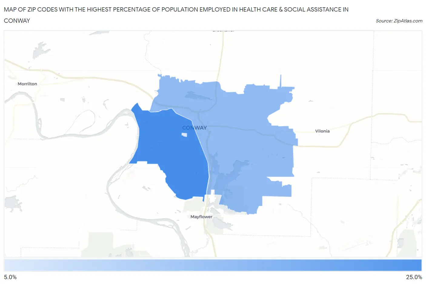 Zip Codes with the Highest Percentage of Population Employed in Health Care & Social Assistance in Conway Map