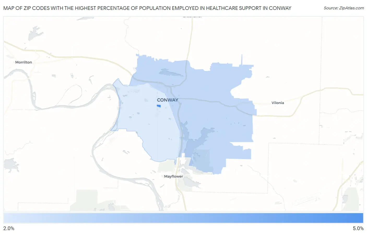 Zip Codes with the Highest Percentage of Population Employed in Healthcare Support in Conway Map
