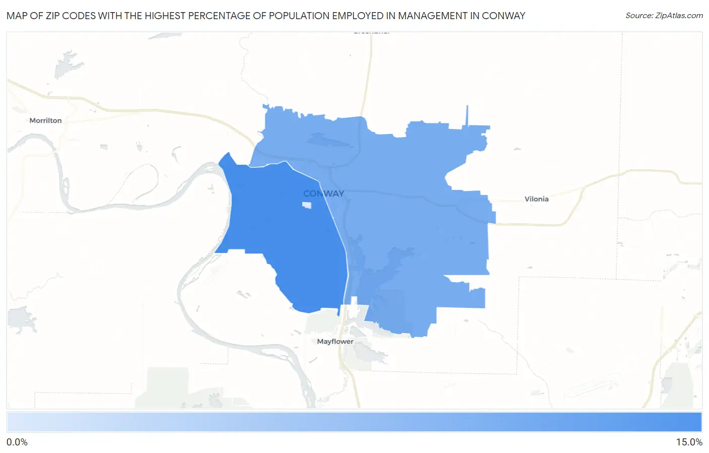 Zip Codes with the Highest Percentage of Population Employed in Management in Conway Map