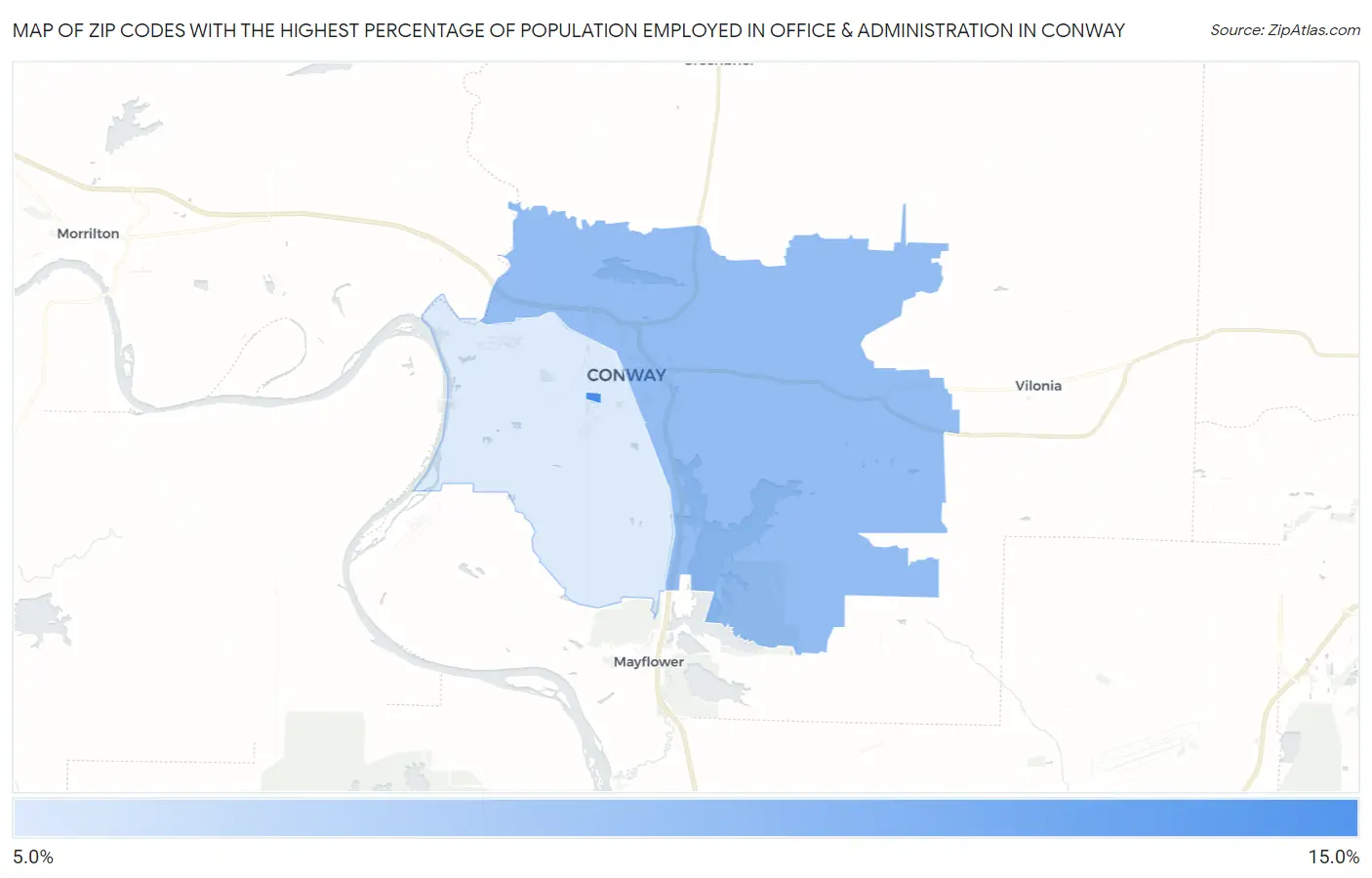 Zip Codes with the Highest Percentage of Population Employed in Office & Administration in Conway Map