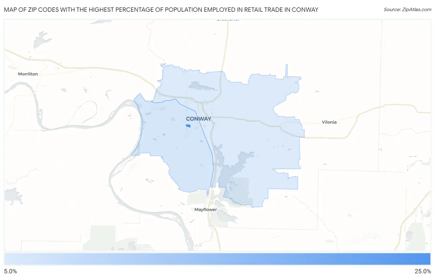 Zip Codes with the Highest Percentage of Population Employed in Retail Trade in Conway Map