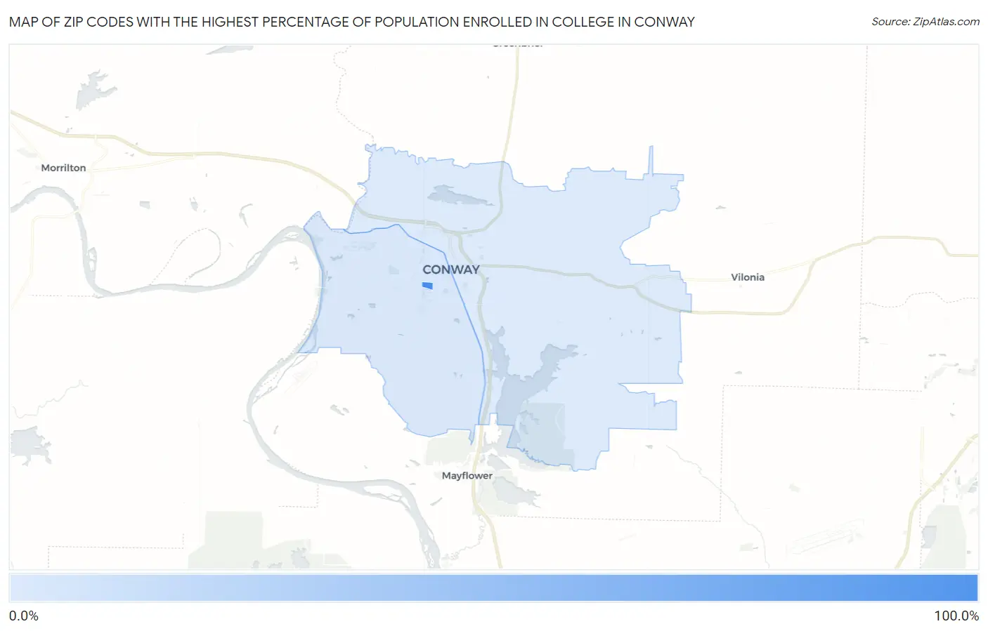 Zip Codes with the Highest Percentage of Population Enrolled in College in Conway Map