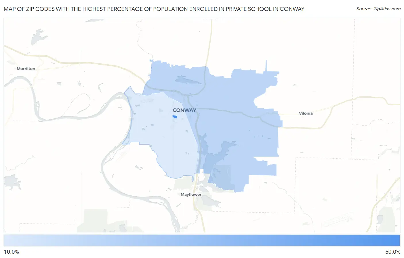 Zip Codes with the Highest Percentage of Population Enrolled in Private School in Conway Map