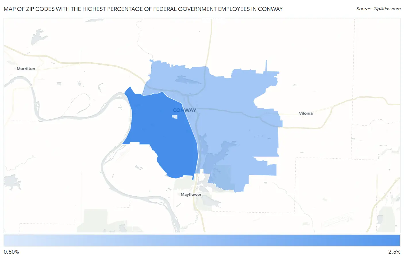 Zip Codes with the Highest Percentage of Federal Government Employees in Conway Map