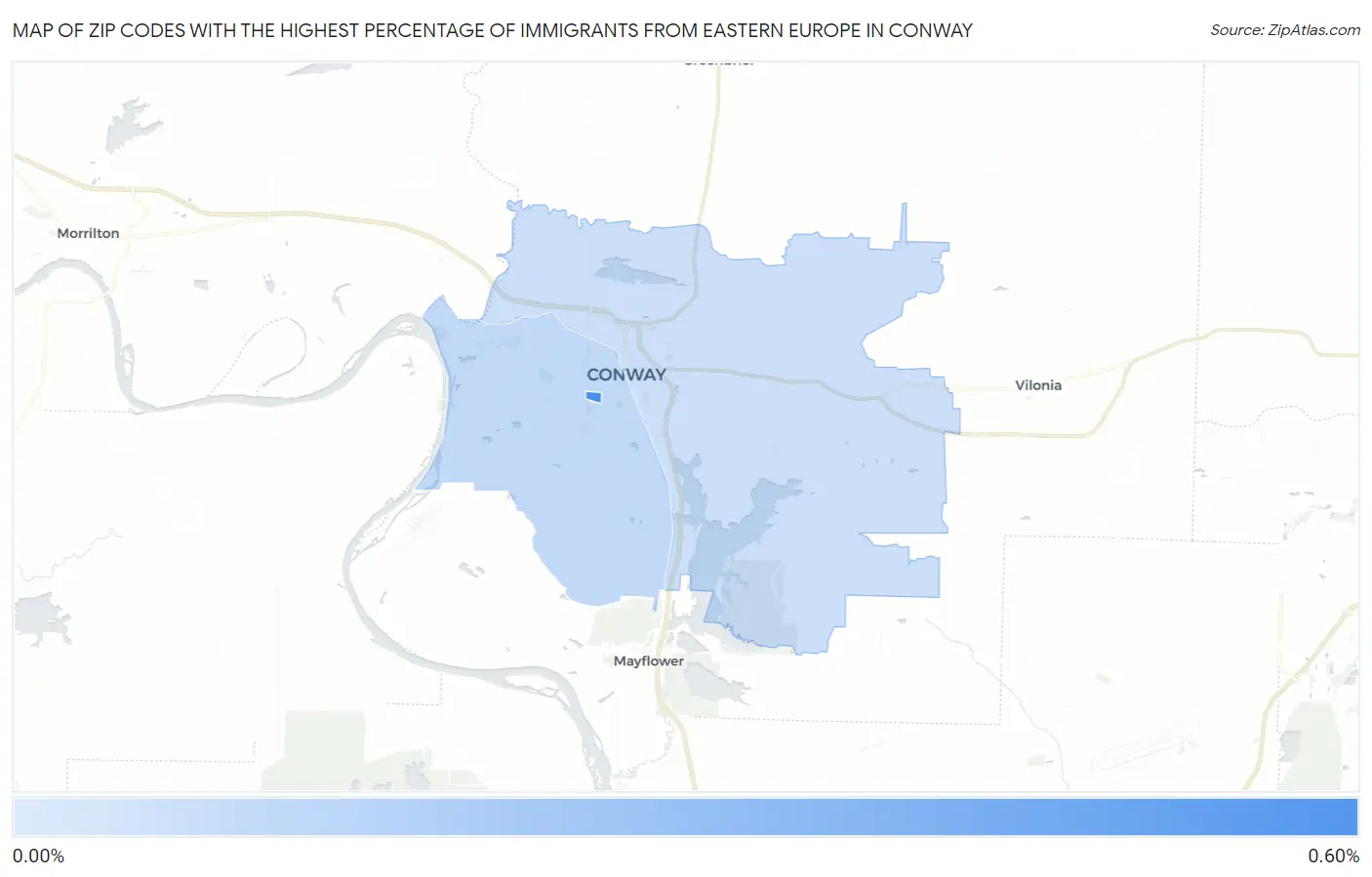 Zip Codes with the Highest Percentage of Immigrants from Eastern Europe in Conway Map