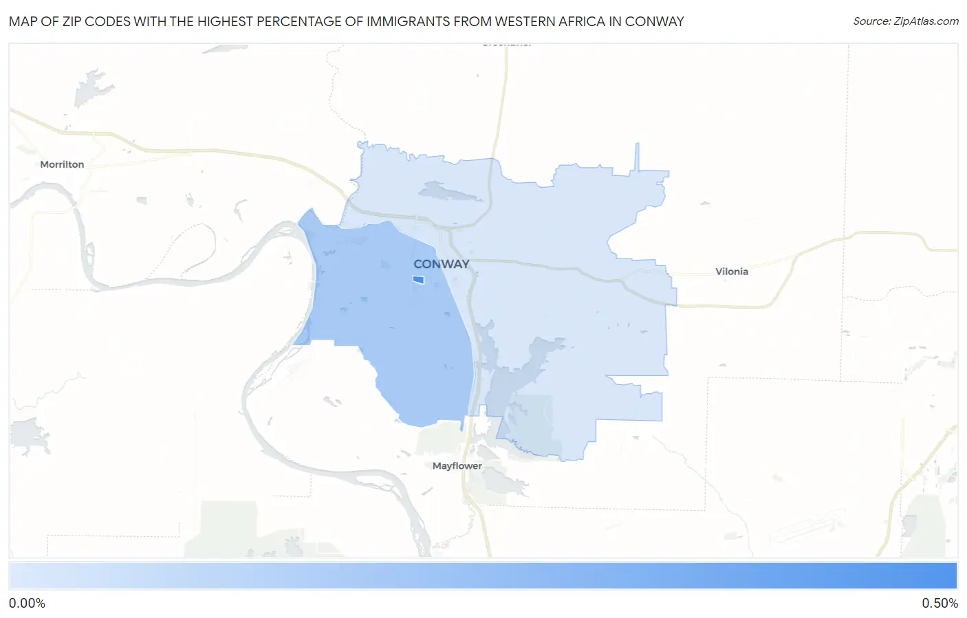 Zip Codes with the Highest Percentage of Immigrants from Western Africa in Conway Map