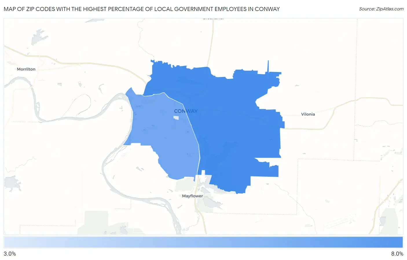 Zip Codes with the Highest Percentage of Local Government Employees in Conway Map