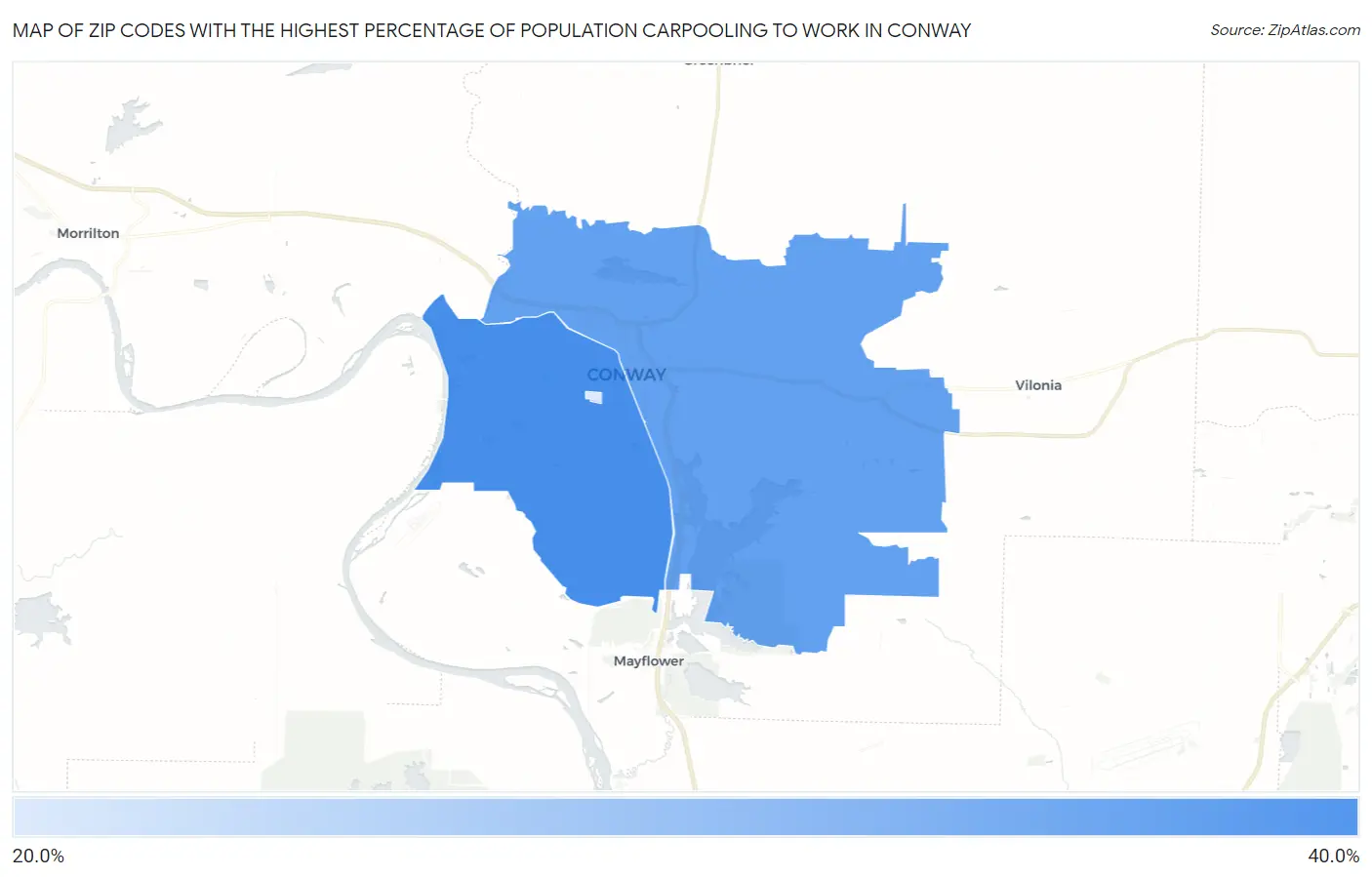 Zip Codes with the Highest Percentage of Population Carpooling to Work in Conway Map