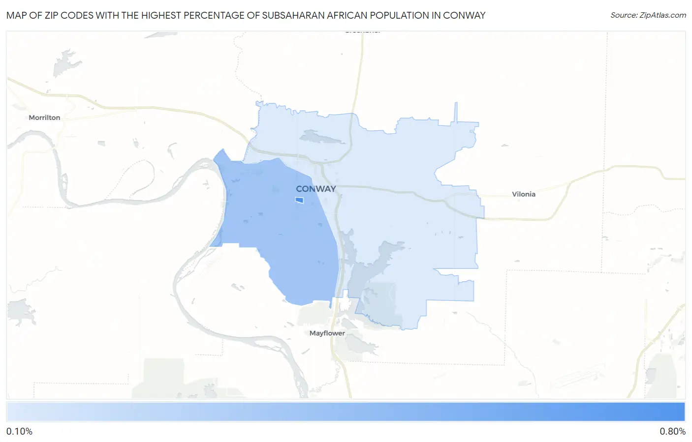 Zip Codes with the Highest Percentage of Subsaharan African Population in Conway Map