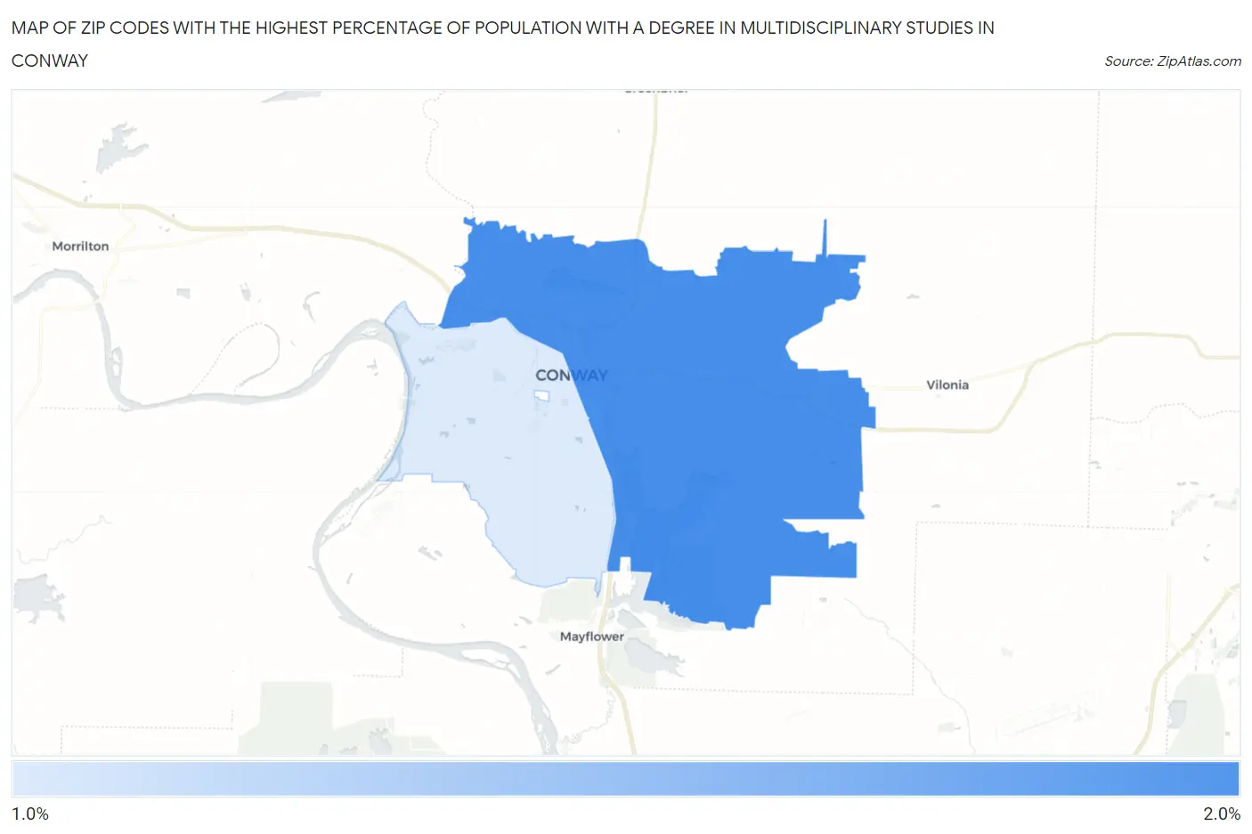 Zip Codes with the Highest Percentage of Population with a Degree in Multidisciplinary Studies in Conway Map