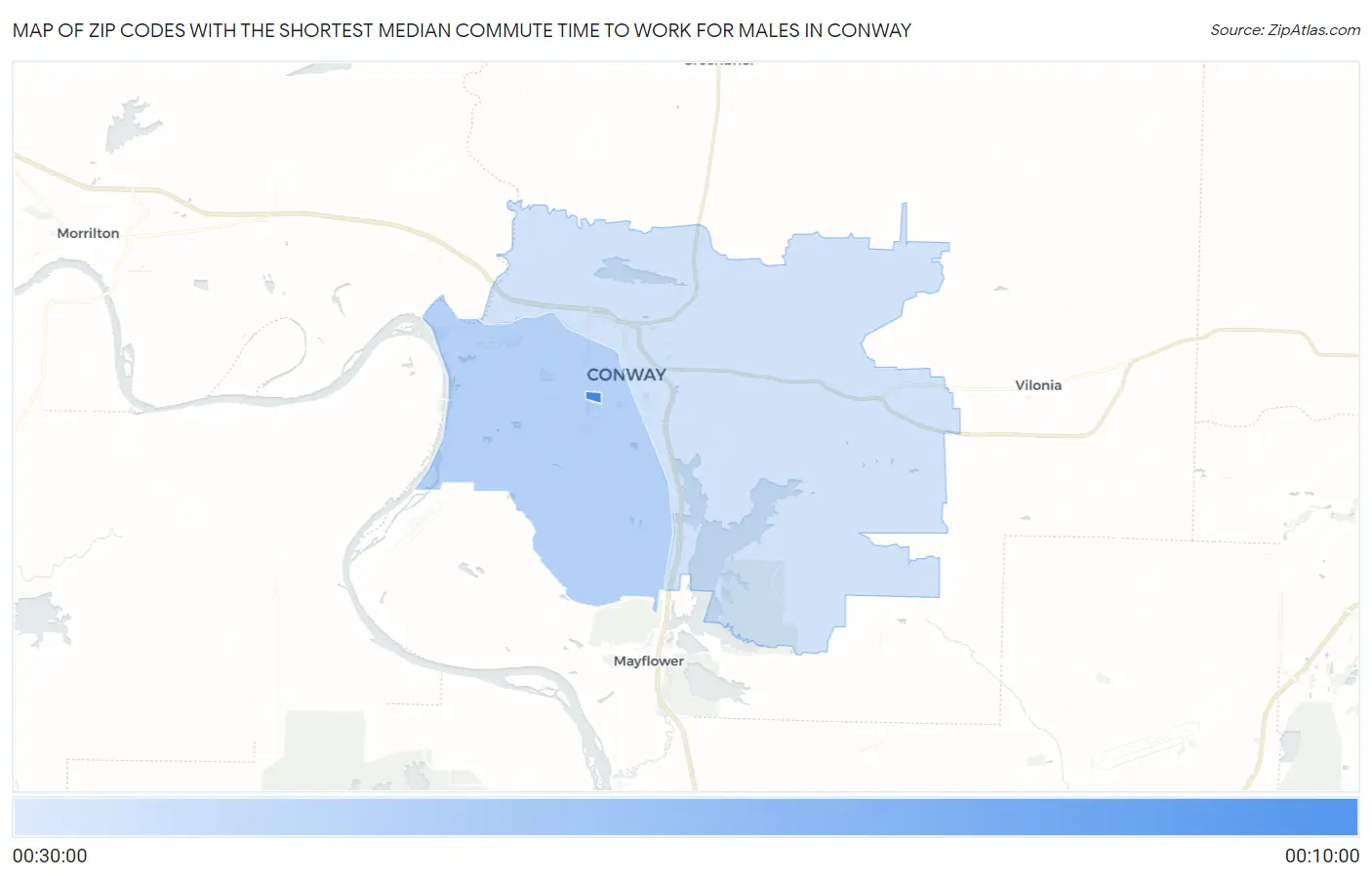Zip Codes with the Shortest Median Commute Time to Work for Males in Conway Map