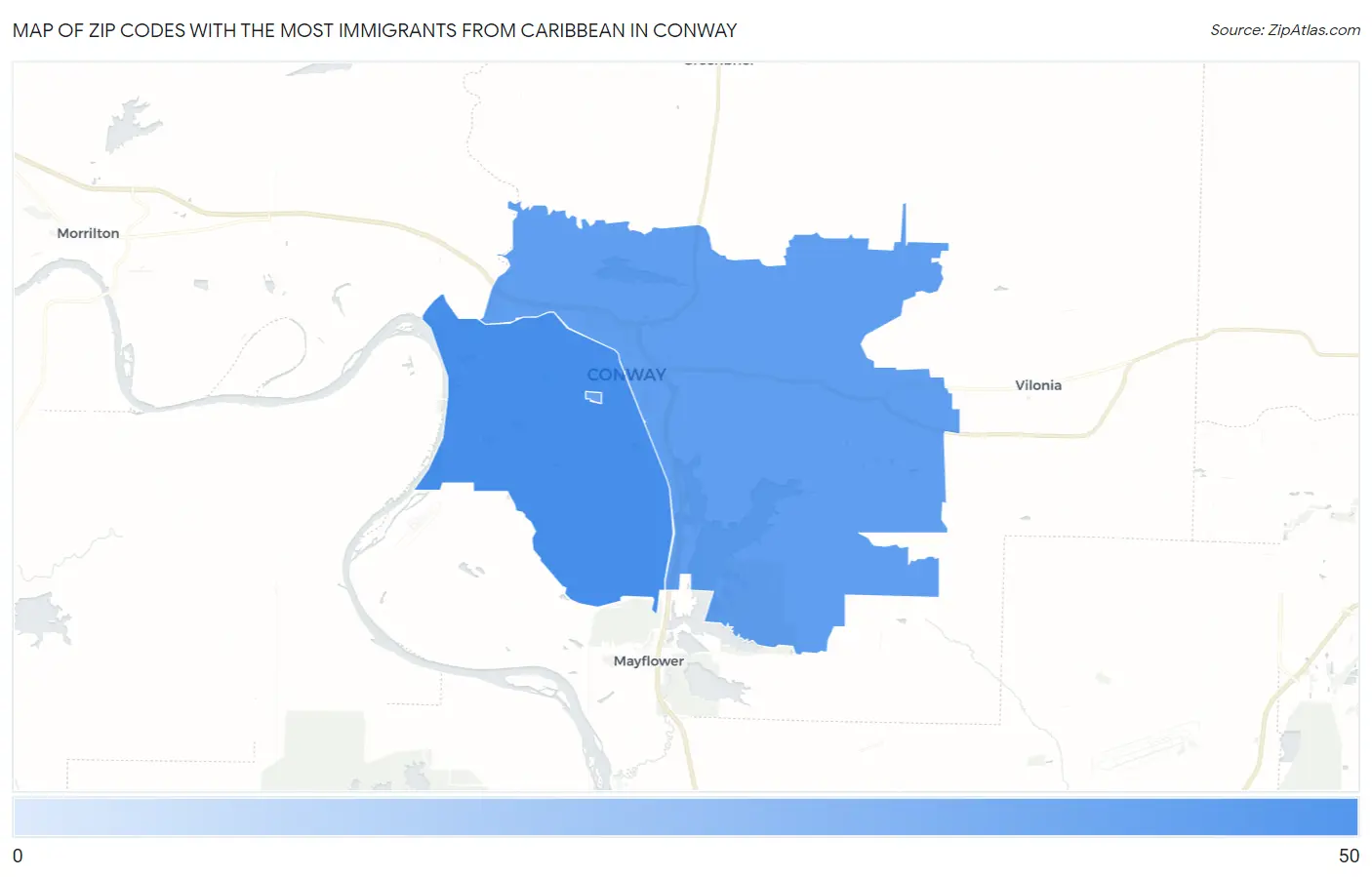 Zip Codes with the Most Immigrants from Caribbean in Conway Map
