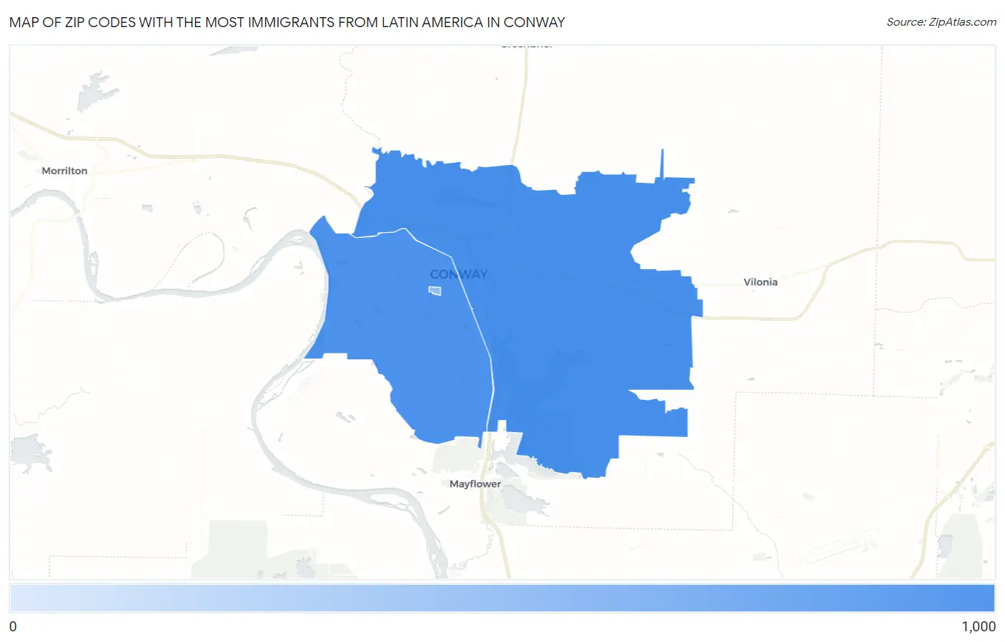 Zip Codes with the Most Immigrants from Latin America in Conway Map