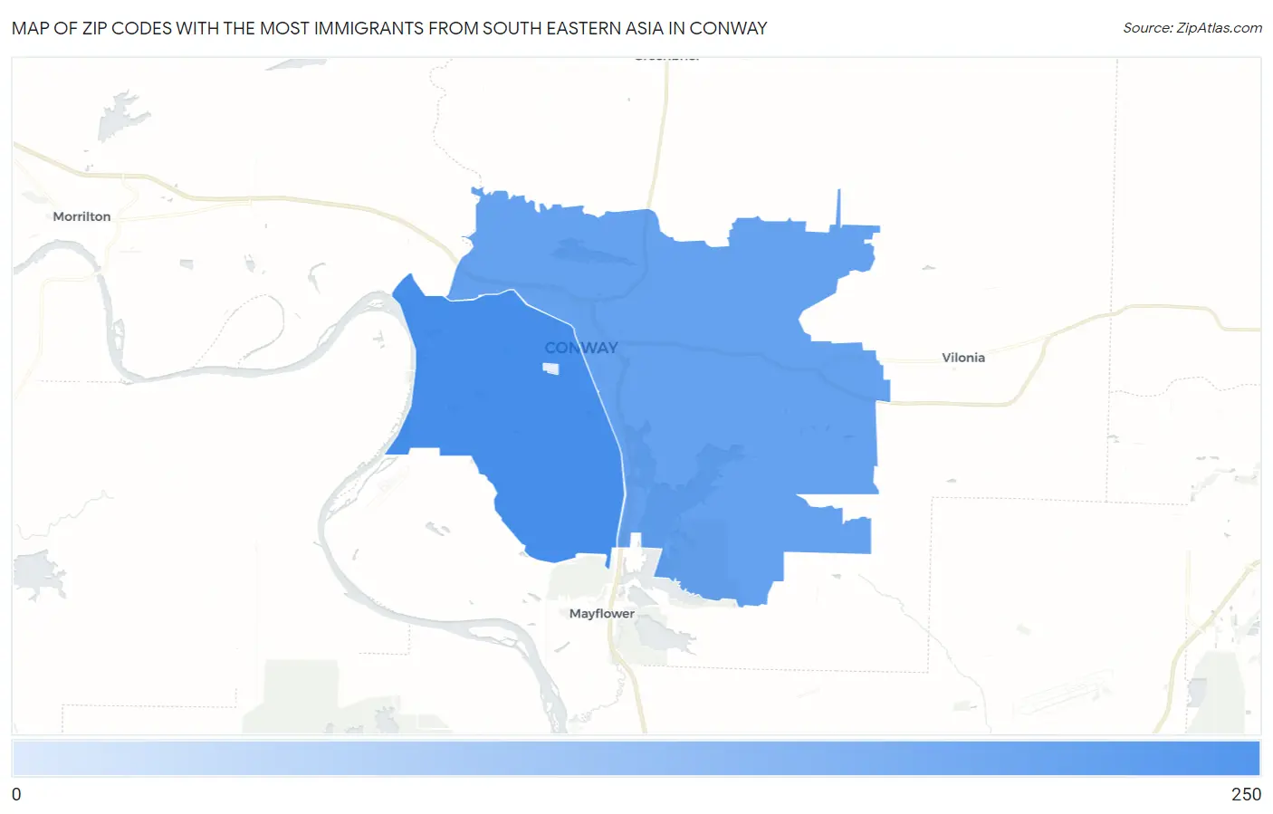Zip Codes with the Most Immigrants from South Eastern Asia in Conway Map