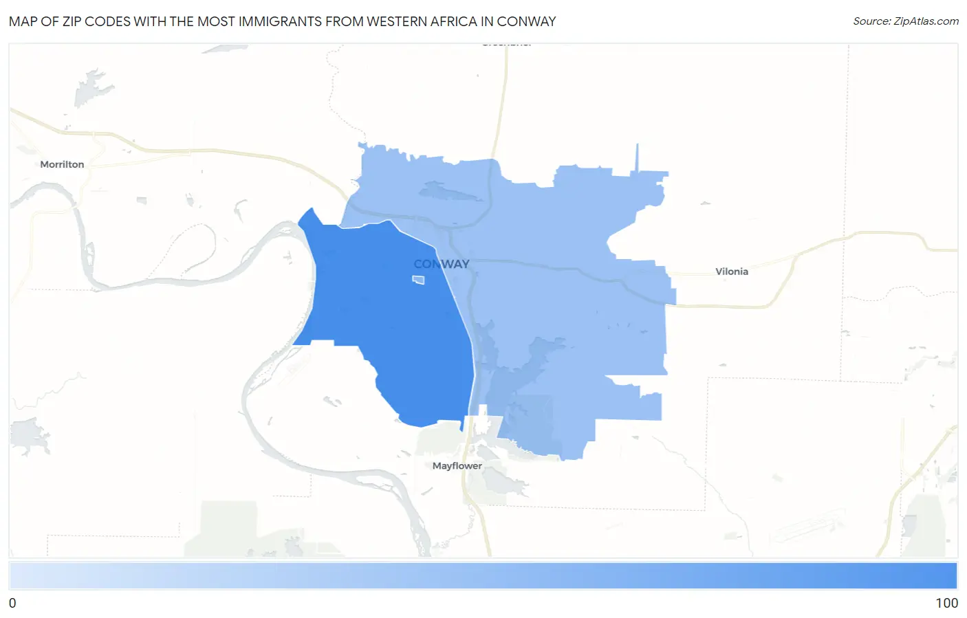 Zip Codes with the Most Immigrants from Western Africa in Conway Map