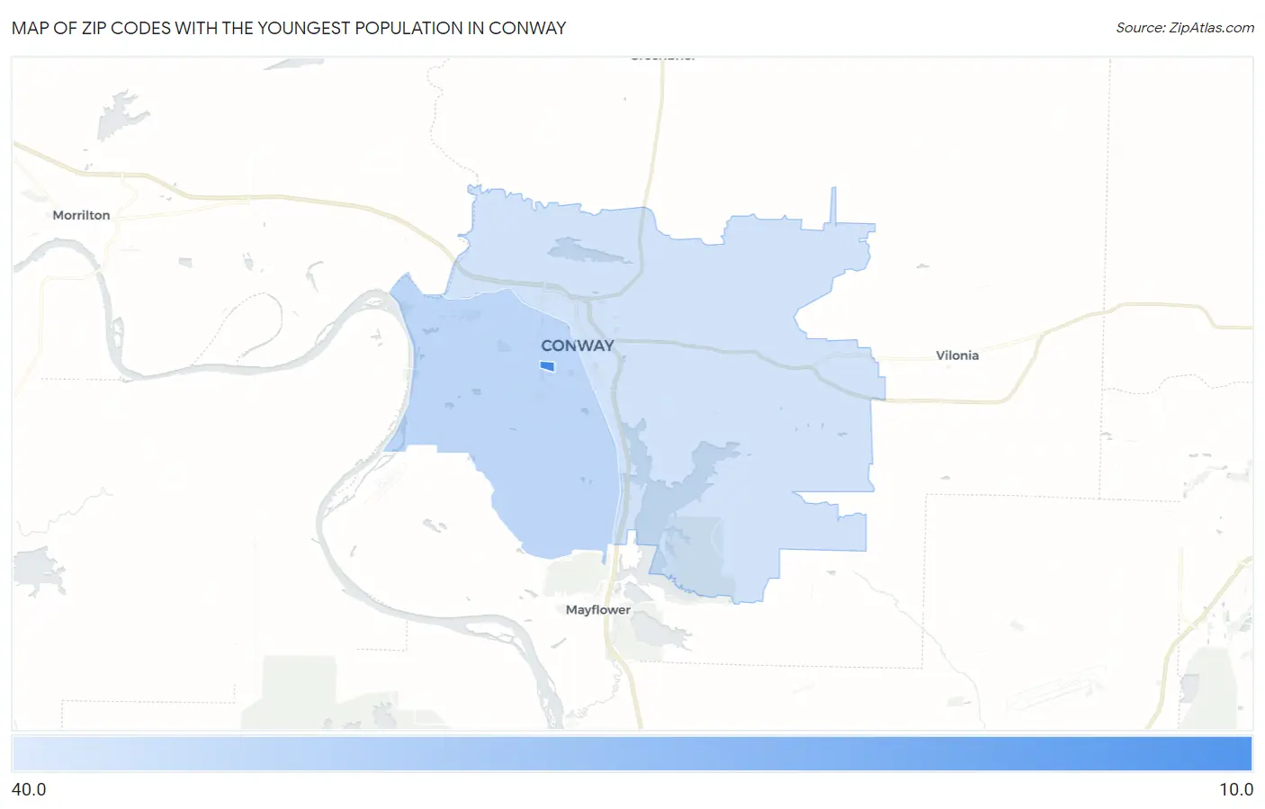 Zip Codes with the Youngest Population in Conway Map