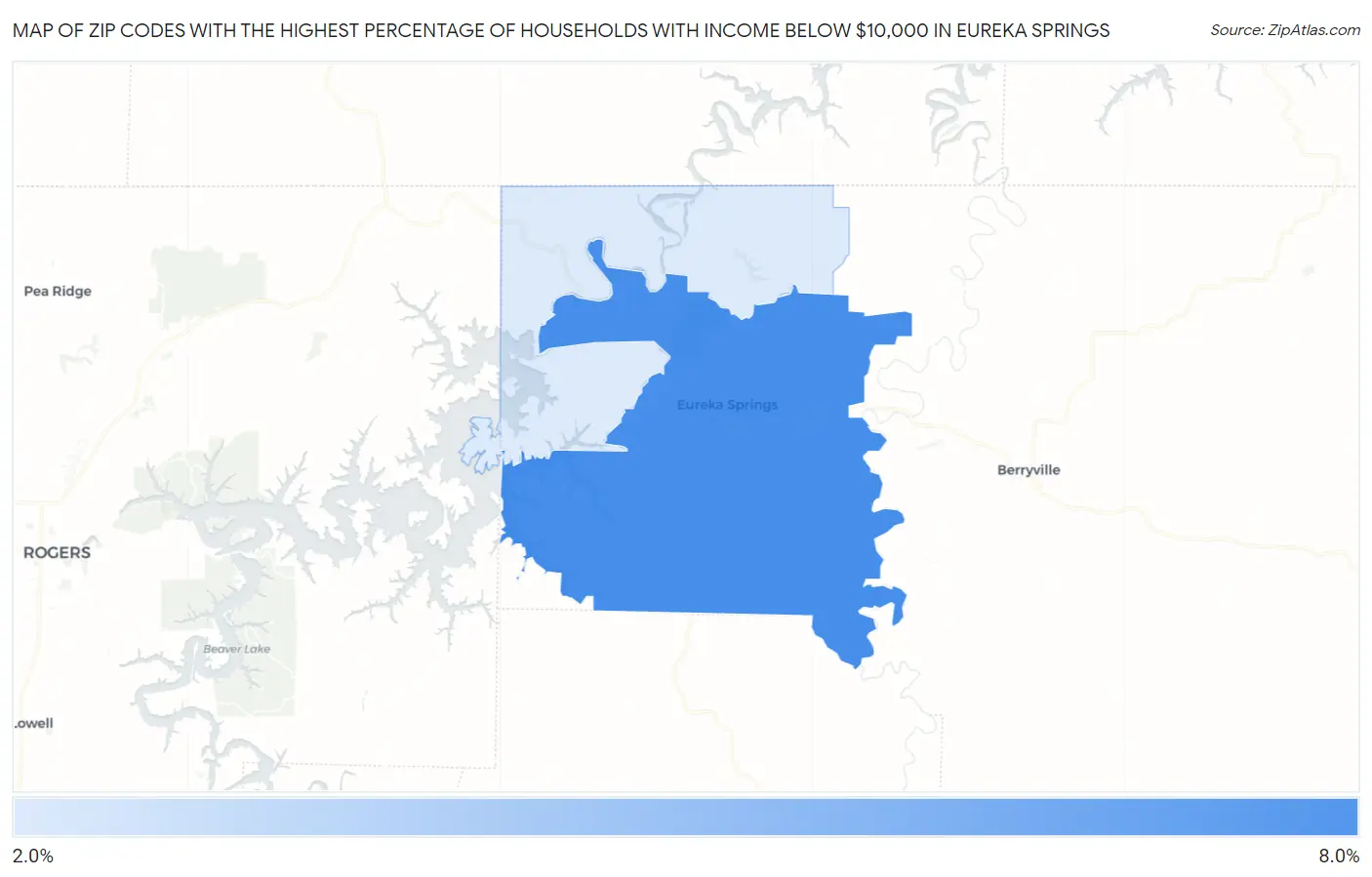 Zip Codes with the Highest Percentage of Households with Income Below $10,000 in Eureka Springs Map