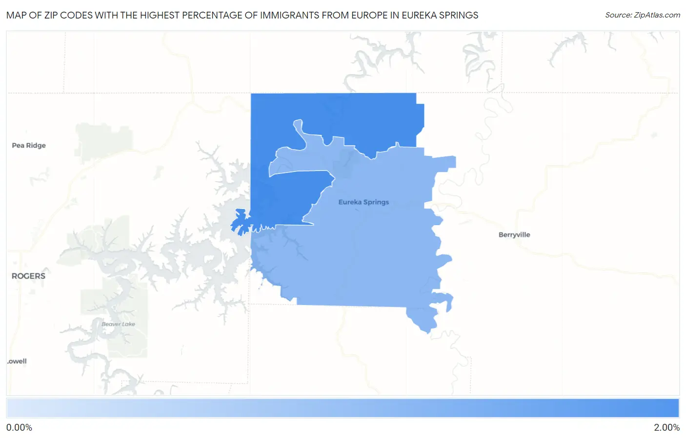 Zip Codes with the Highest Percentage of Immigrants from Europe in Eureka Springs Map