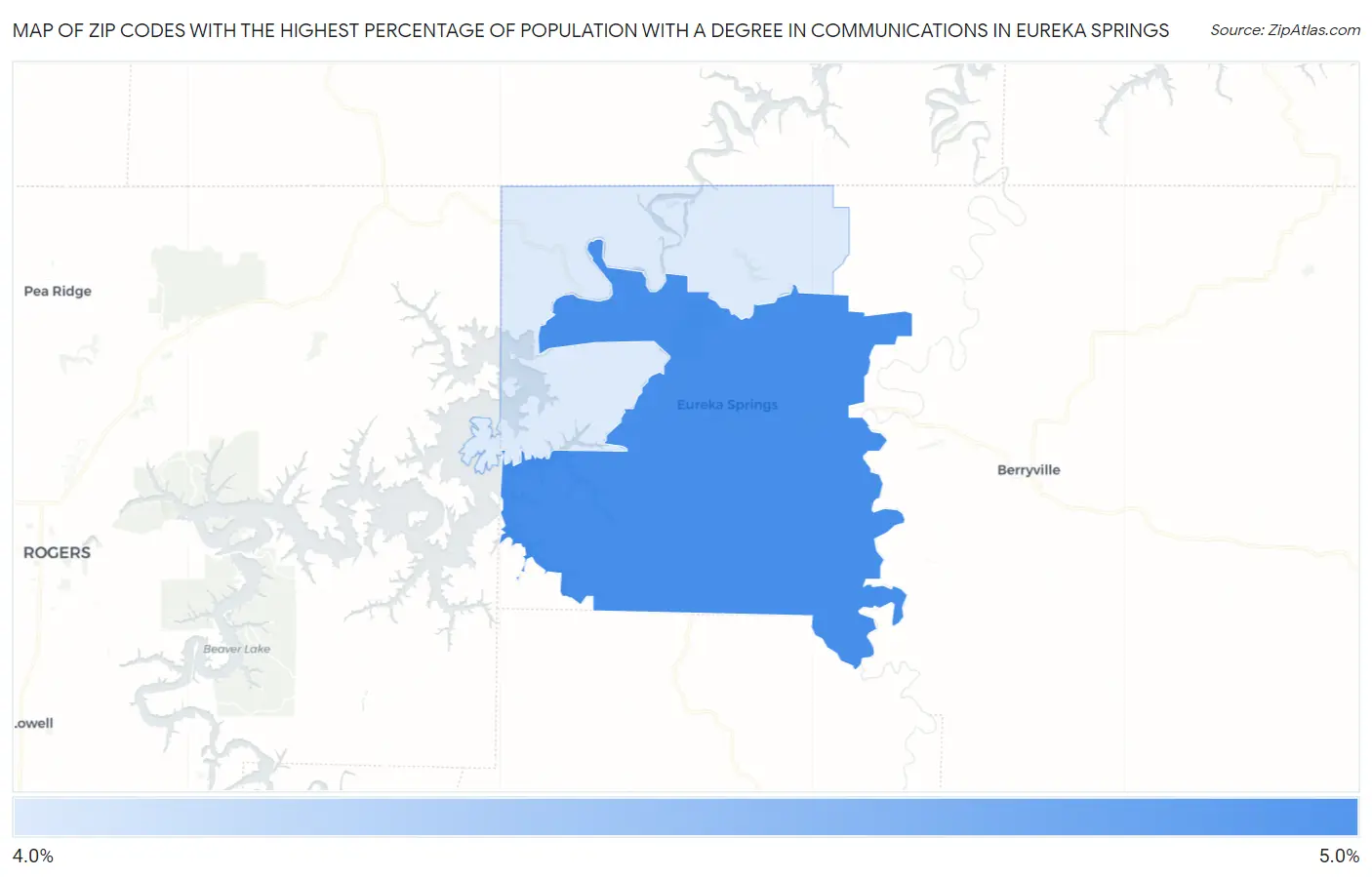 Zip Codes with the Highest Percentage of Population with a Degree in Communications in Eureka Springs Map