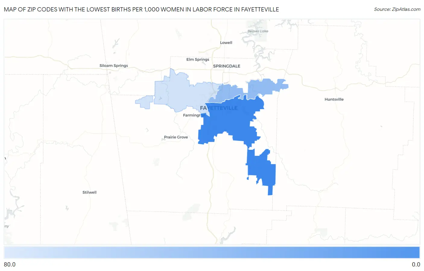 Zip Codes with the Lowest Births per 1,000 Women in Labor Force in Fayetteville Map