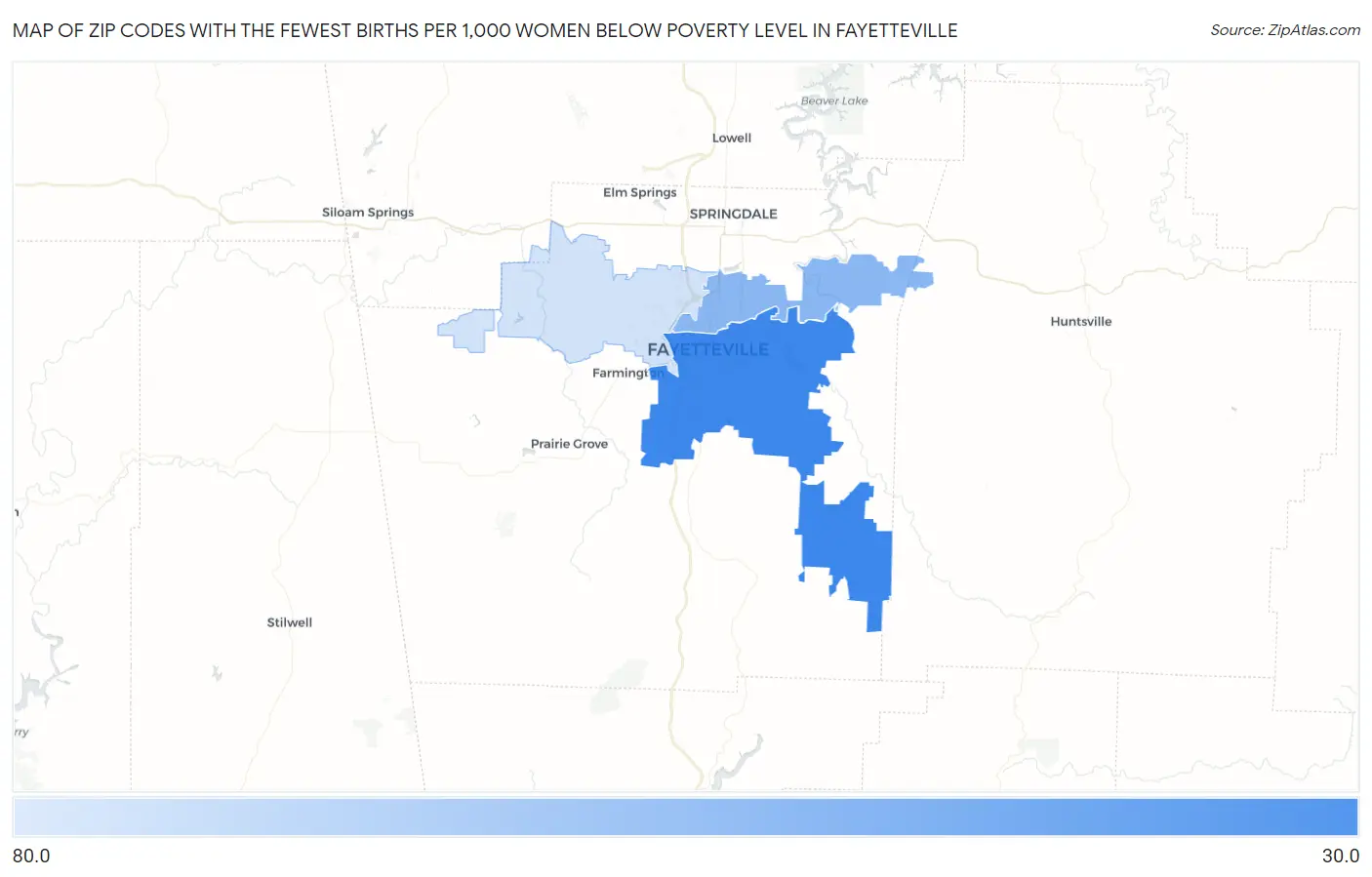 Zip Codes with the Fewest Births per 1,000 Women Below Poverty Level in Fayetteville Map
