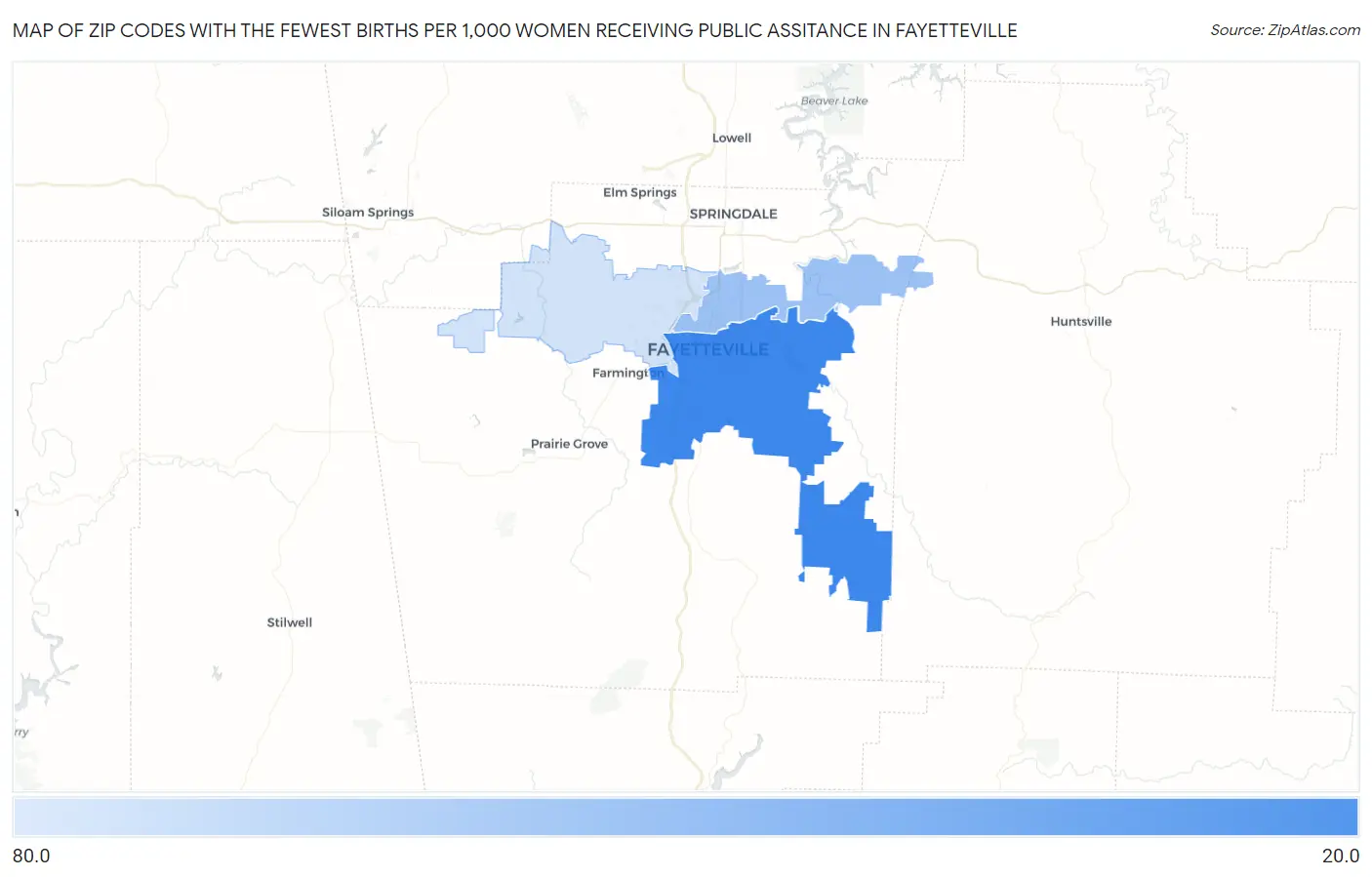 Zip Codes with the Fewest Births per 1,000 Women Receiving Public Assitance in Fayetteville Map