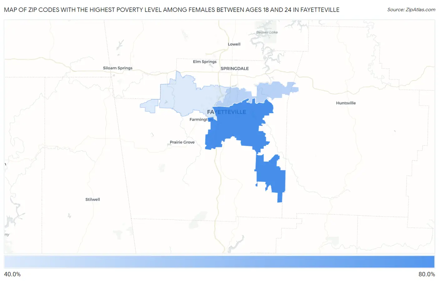 Zip Codes with the Highest Poverty Level Among Females Between Ages 18 and 24 in Fayetteville Map