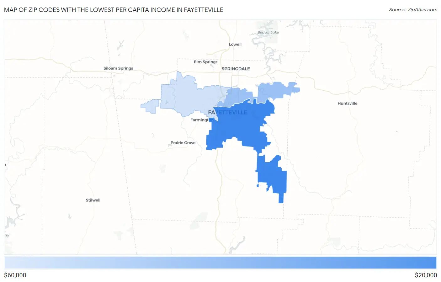 Zip Codes with the Lowest Per Capita Income in Fayetteville Map