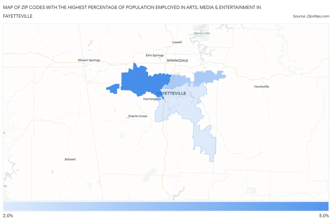 Zip Codes with the Highest Percentage of Population Employed in Arts, Media & Entertainment in Fayetteville Map