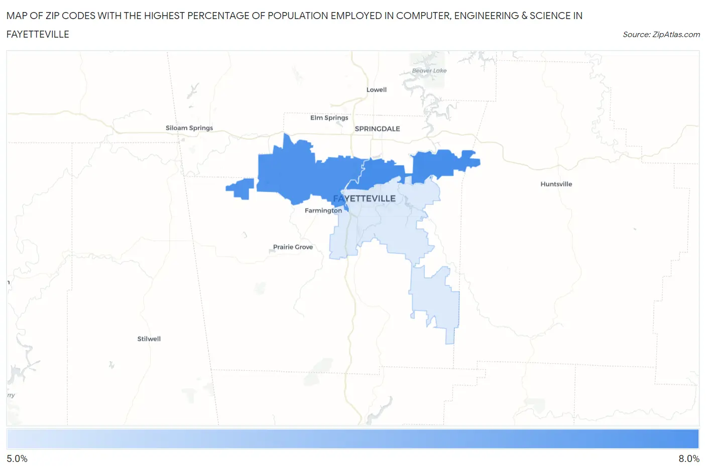 Zip Codes with the Highest Percentage of Population Employed in Computer, Engineering & Science in Fayetteville Map