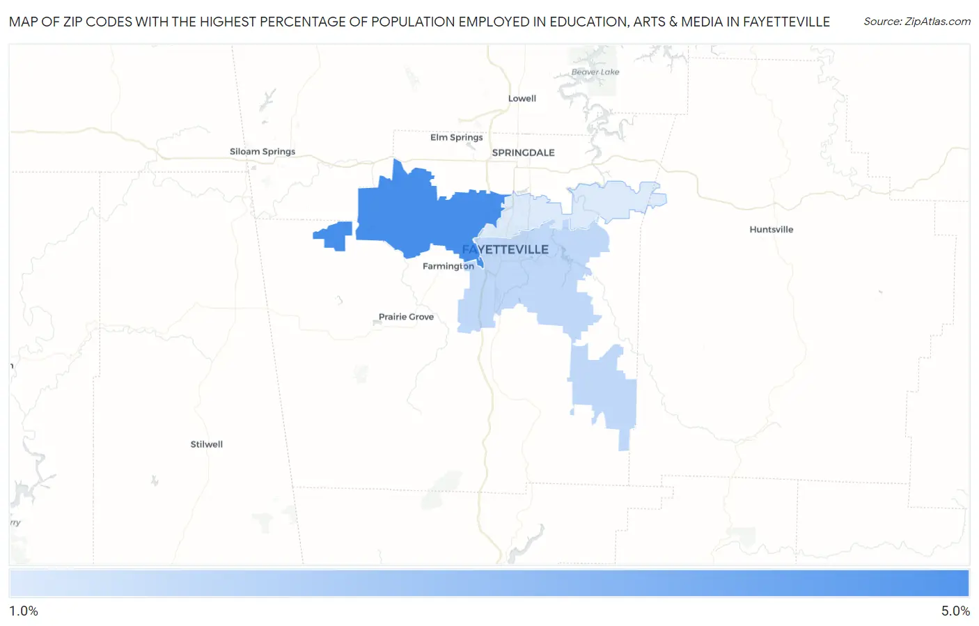 Zip Codes with the Highest Percentage of Population Employed in Education, Arts & Media in Fayetteville Map
