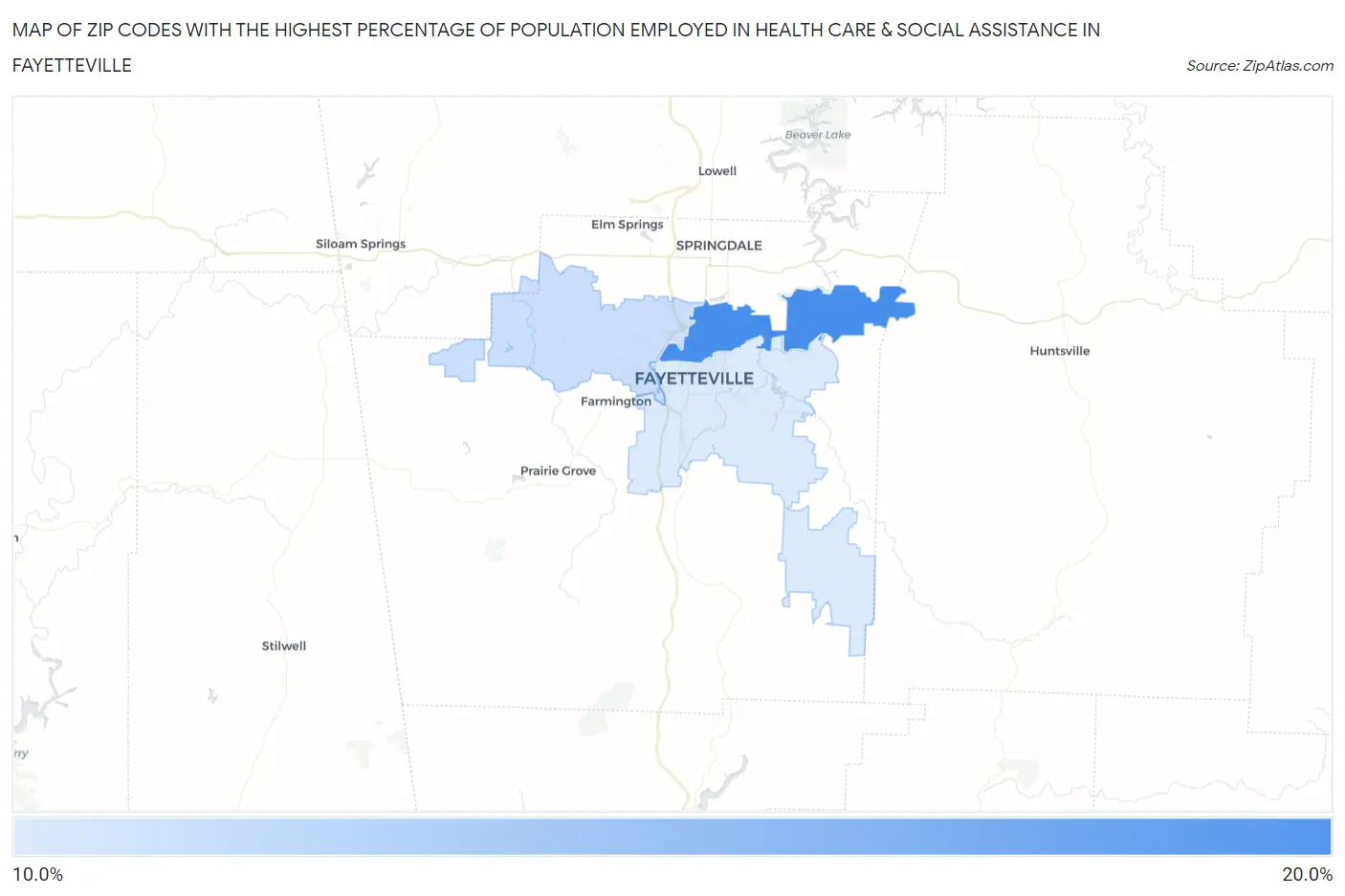 Zip Codes with the Highest Percentage of Population Employed in Health Care & Social Assistance in Fayetteville Map