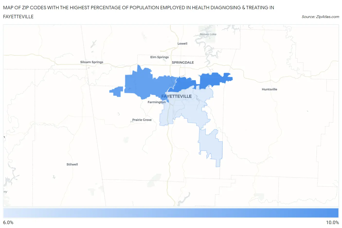 Zip Codes with the Highest Percentage of Population Employed in Health Diagnosing & Treating in Fayetteville Map