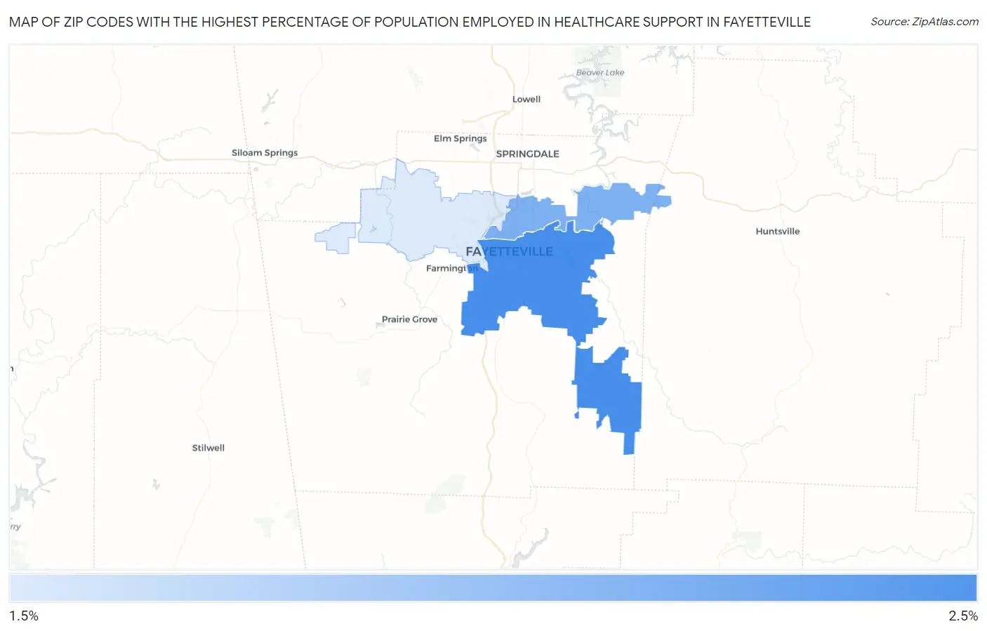 Zip Codes with the Highest Percentage of Population Employed in Healthcare Support in Fayetteville Map