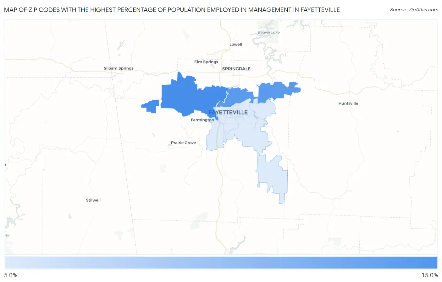 Zip Codes with the Highest Percentage of Population Employed in Management in Fayetteville Map