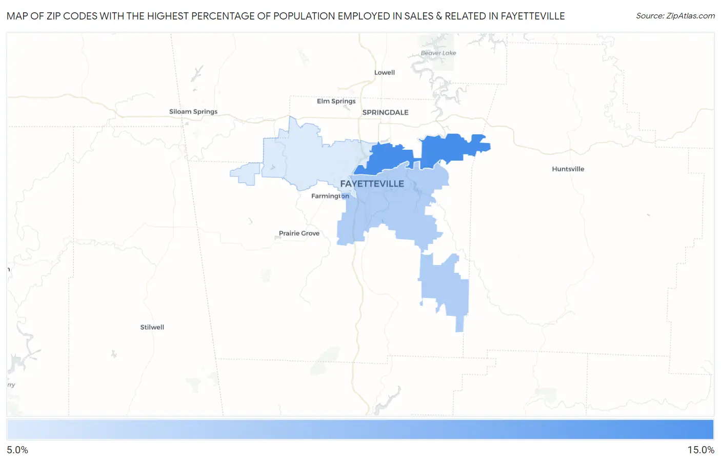 Zip Codes with the Highest Percentage of Population Employed in Sales & Related in Fayetteville Map